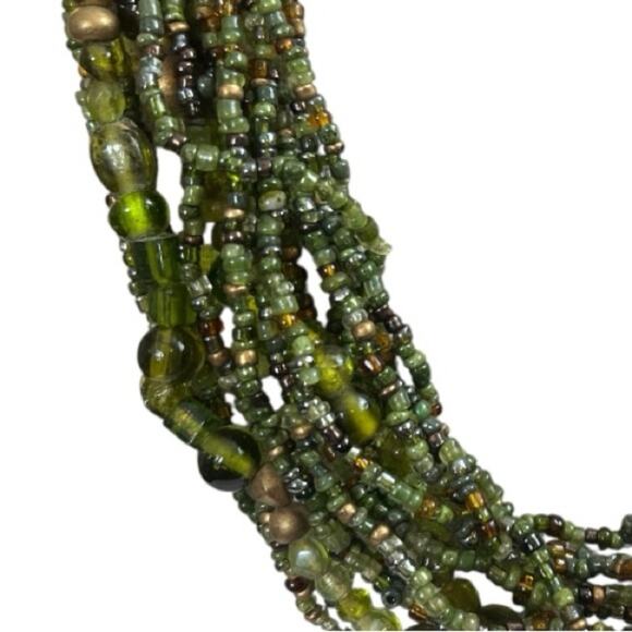 Women’s Necklace Seed Bead Multi Strand Layered Green Bronze Multi 9/10” Length - Picture 5 of 6